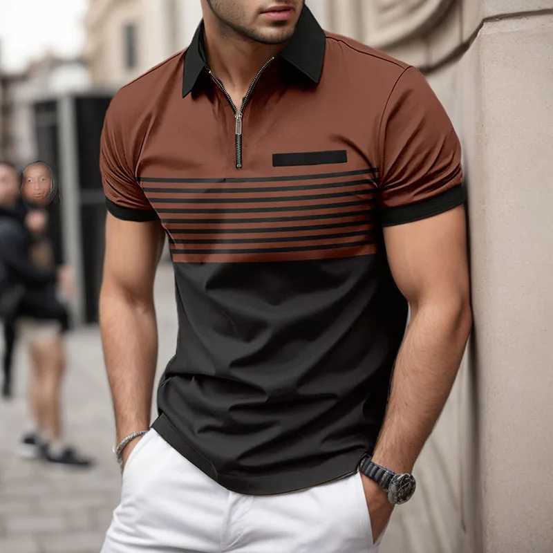 Mens summer short sleeved lapel 3D digital printed striped polo shirt with fake pocket buckle mens business casual zipper topX240920