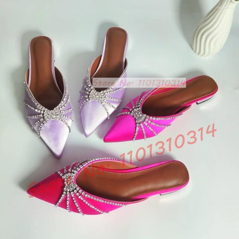 Slippers Crystal Wrap Pointy Toe Satin Women Luxury Sparkly Block Low Heel Shoes Ladies Trending Glittery Dress Flat Slides
