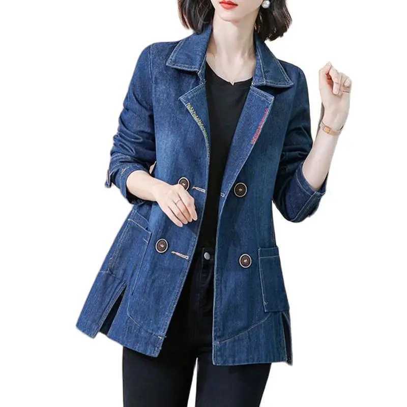 Denim Jacket Coat Women Double Breasted Full Sleeves Vintage Windbreaker Female Long Jean Jacket Outerwear Tops NewSpring AutumnX240920