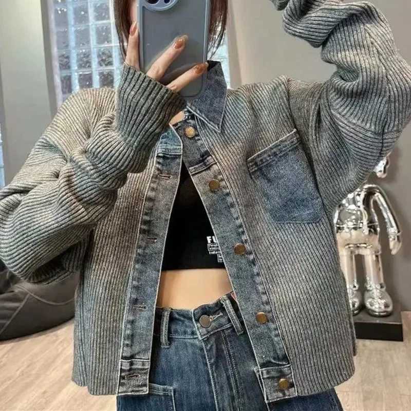 Korean Style Design Niche Loose and Western-style Sweater Womens 2024 Autumn New Denim Patchwork Knitted Top Fashionable JacketX240920