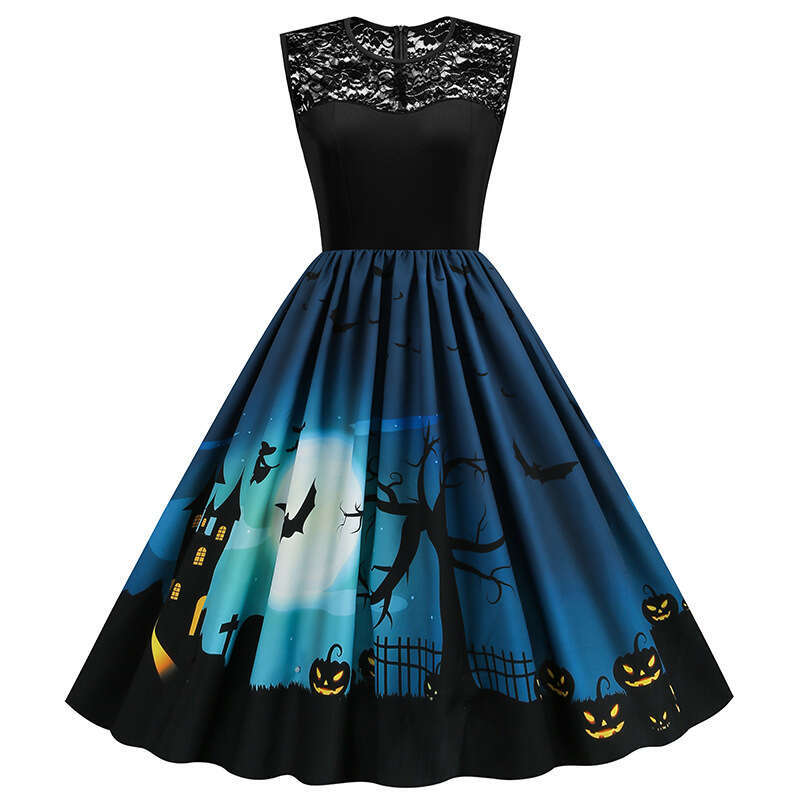 Hallowmas Halloween lace patchwork waist cinching big swing womens dress 8055