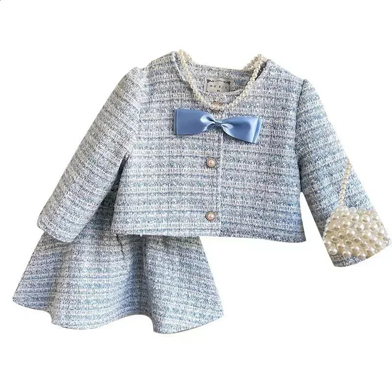 Girl 2 Piece Tweed Set Winter Suit Clothes for 1-10Years Childrens Cotton Padded Jacket CoatSkirt Kids Classic Outfits 240913