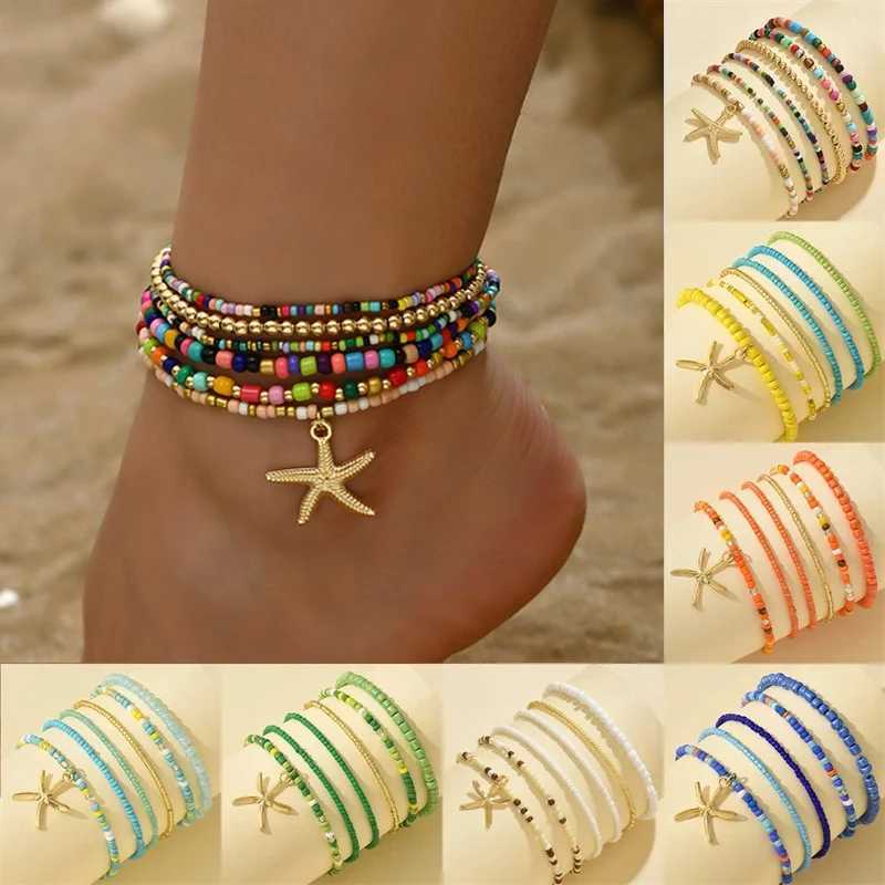 Fashion Multilayer Rice Beads Starfish Pendant Anklet for Women Female Boho Colorful Jewelry Summer Beach Foot Ankle Chain Gifts Y240920