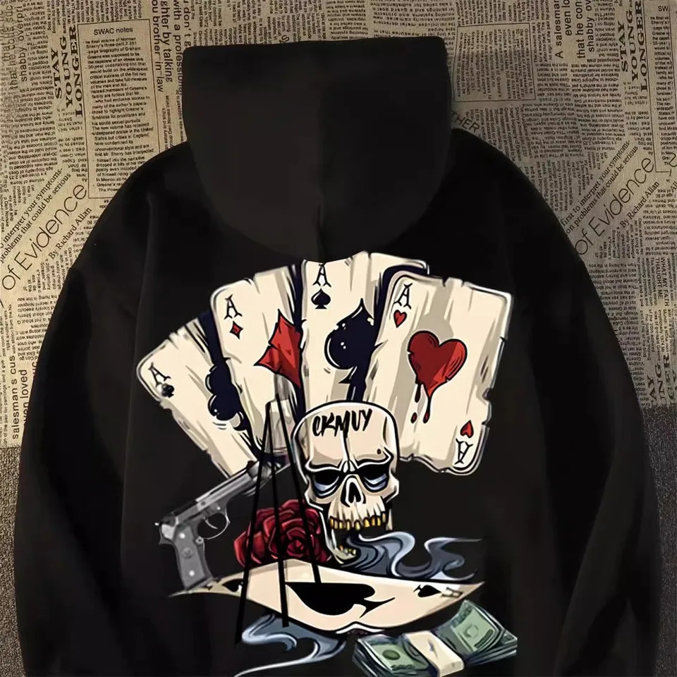 Trend Poker Skull Printing Europe and America Hip Hop y2k Hoodies Mens Sweatshirts Autumn Oversized Long Sleeves Street Tops 240912