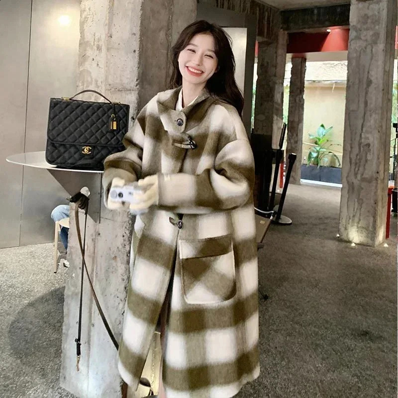 MiiiX French style retro plain woolen coat womens coat autumn and winter loose thick long jacket womens clothing 240920