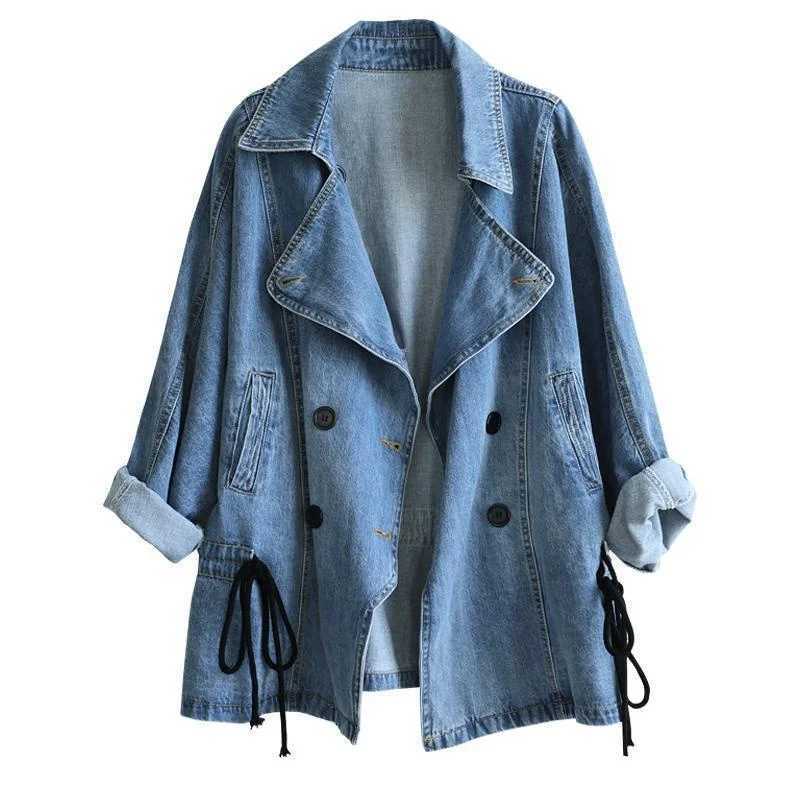 2022 Loose Double-breasted Denim Jacket Women Spring Autumn Drawstring Coat Lady Casual Tops Fashion Jean Outerwear WindbreakerX240920