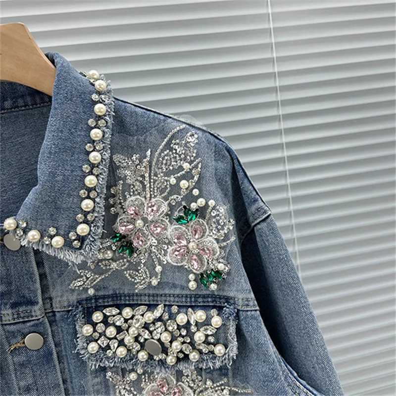 Blue Casual Short Denim Jacket Fashion Pearl Beaded Sequin Flowers Spring Women Loose Korean Lapel Long Sleeve Jeans Jacket CoatX240920