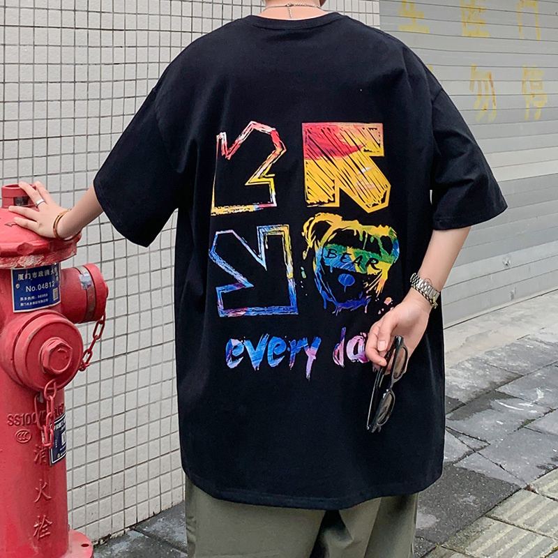 High quality 7.4oz 210gsm men's shoulder down large graffiti print short sleeved summer cotton top casual T-shirt