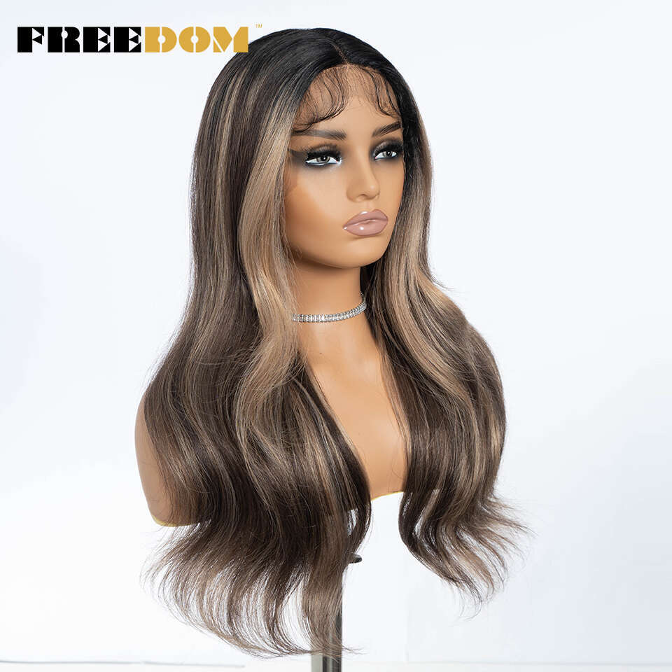 FREEDOM Synthetic Front Wigs For Women Straight Lace With Baby Hair 24 Inches Ombre Honey Brown Highlight Cosplay Wig