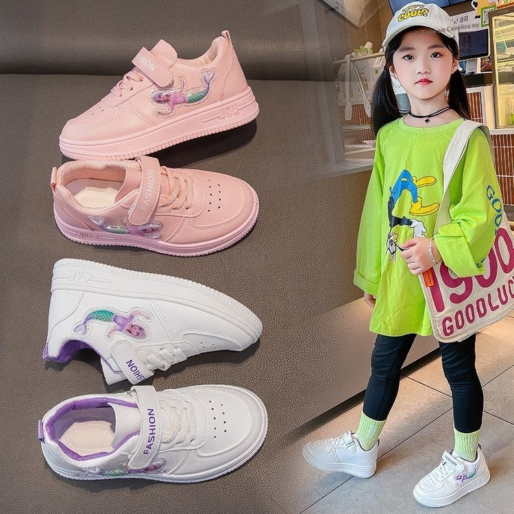 Children's girls' students' flat casual sports shoes, low top round toe white running board shoes