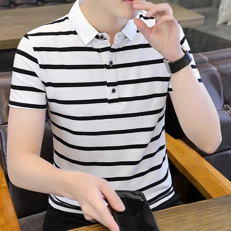 Basic Striped Short Sleeve Polo Shirts Mens Clothing Commute Casual Turn-down Collar Summer Contrasting Colors Slim T-shirtsXJ240920