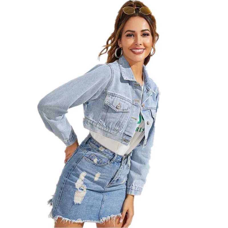 Womens denim jacket - fashionable lapel ultra short washed blue jacket high-qualityX240920