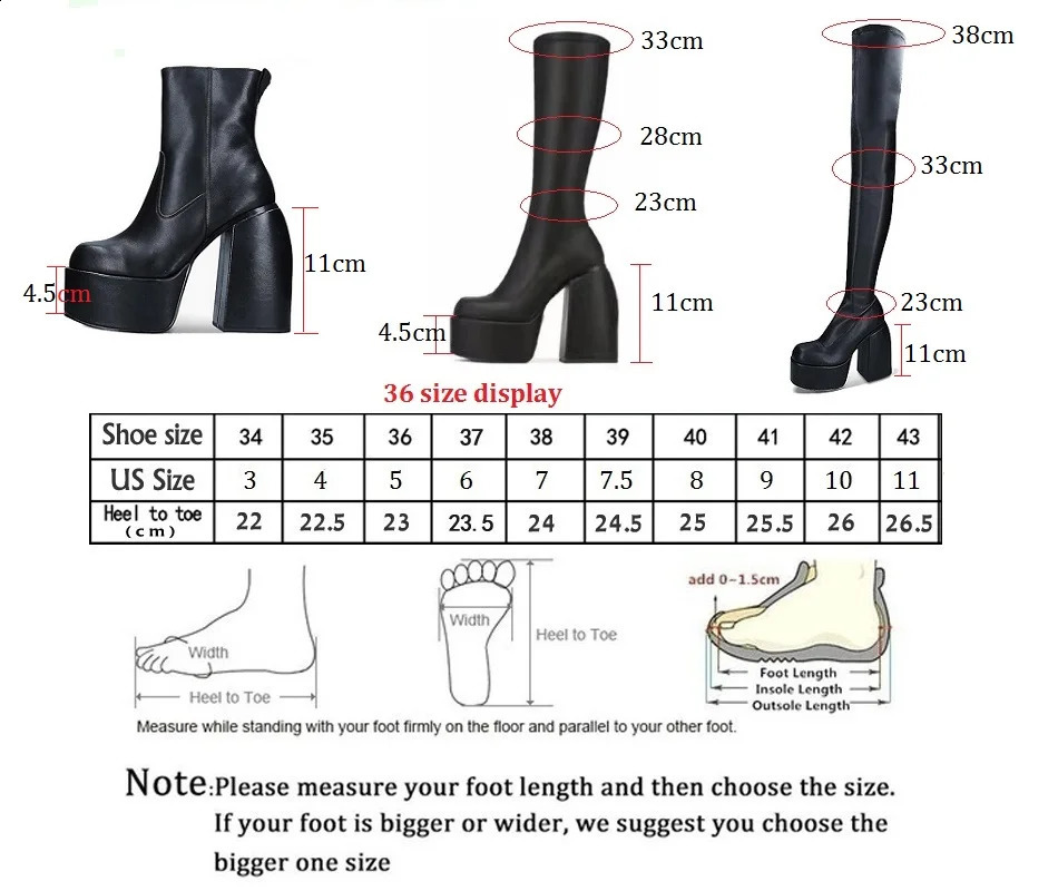Womens knee boots platform shoes Gothic high heels punk style rock autumn winter short and chubby pump plus size womens clothing 240919
