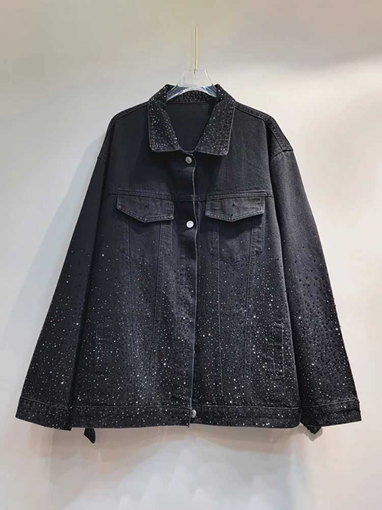 DEAT Women Denim Coat Turn-down Collar Full Diamonds Hot Rhinestone Black Loose Single Breasted Jackets 2024 Autumn New FashionX240920
