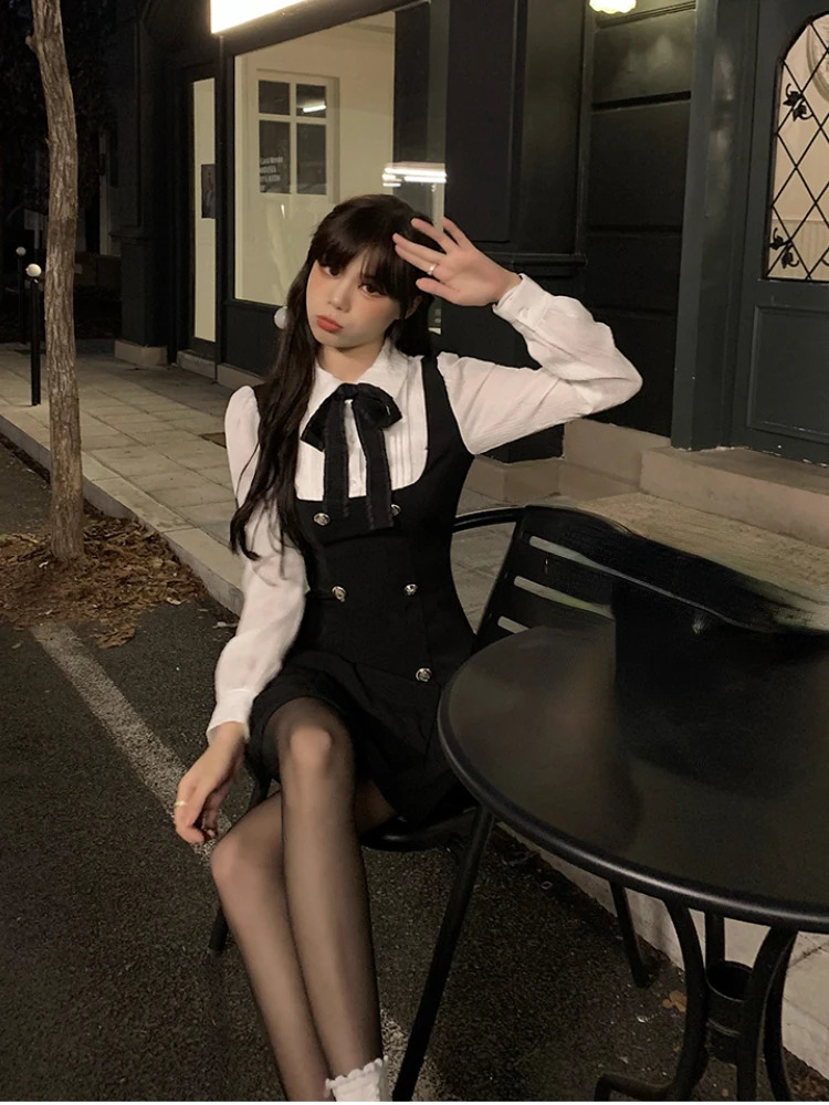 Autumn Two Dress Women Slim Chic Long Sleeve Bow Casual Y2k Mini Dress Female Korean Fashion Elegant Short Party Dress 240920