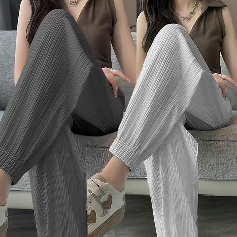 2026 Ice Silk Casual Wide Leg Harem Loose Trousers Solid Elastic Waist Women Streetweat Summer New Trend Office Lady s Pants