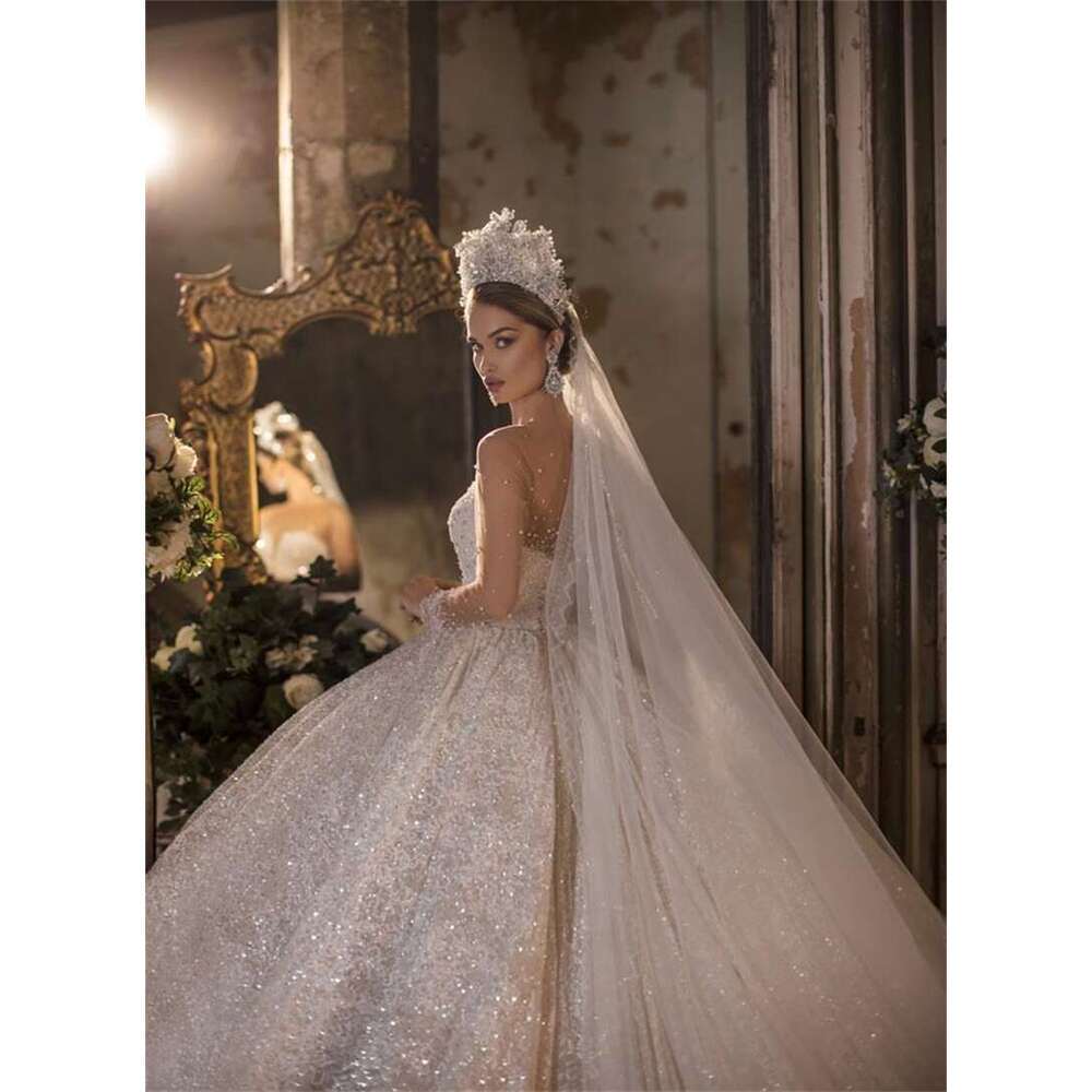 Pearls Elegant Wedding Dresses Sequins Long Sleeves Bridal Gowns Or Length Vestido De Novia