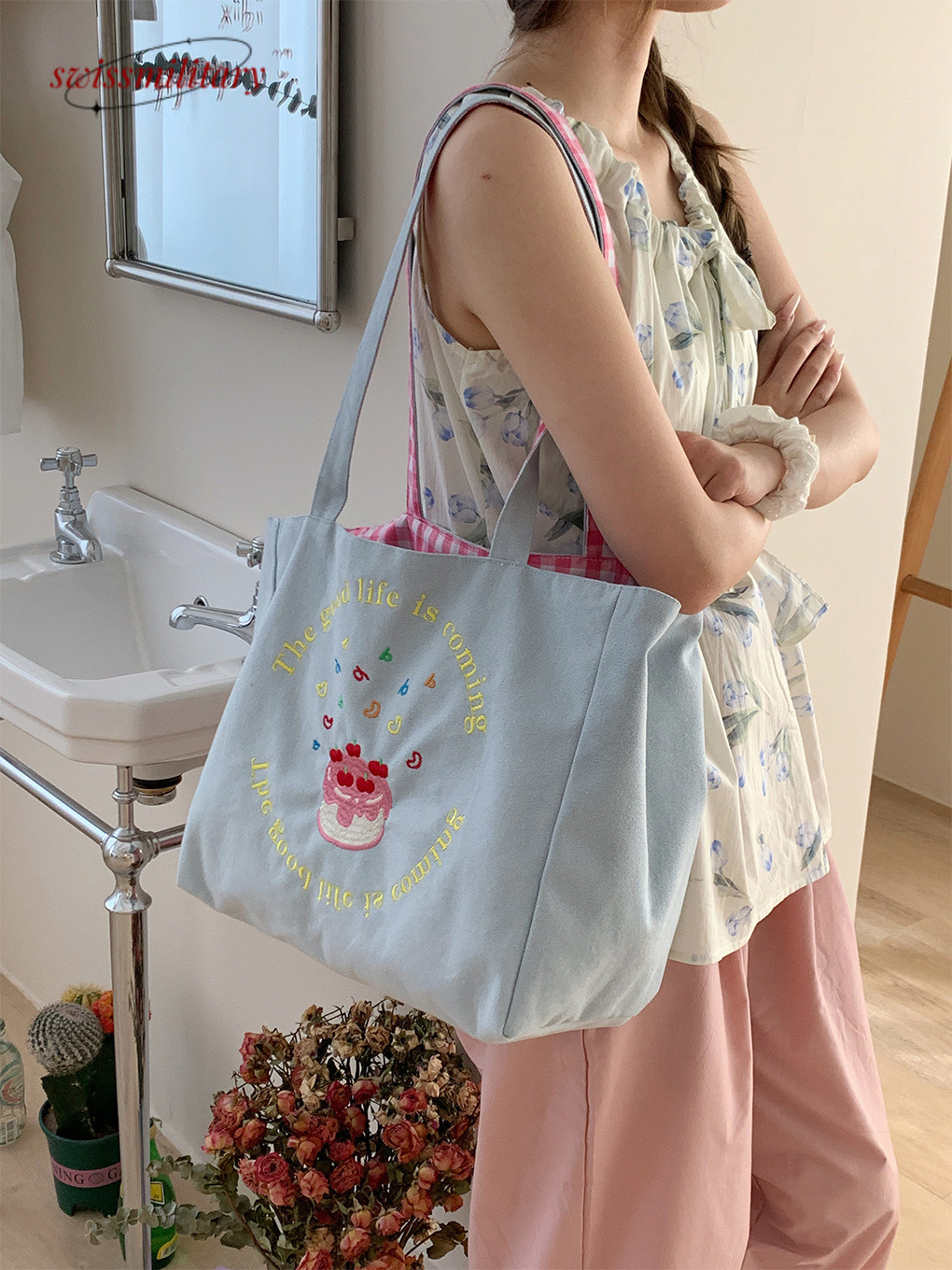Large capacity Tote front and double-sided back stripe single shoulder with texture embroidery, college student canvas bag, female commuting bag #23 S