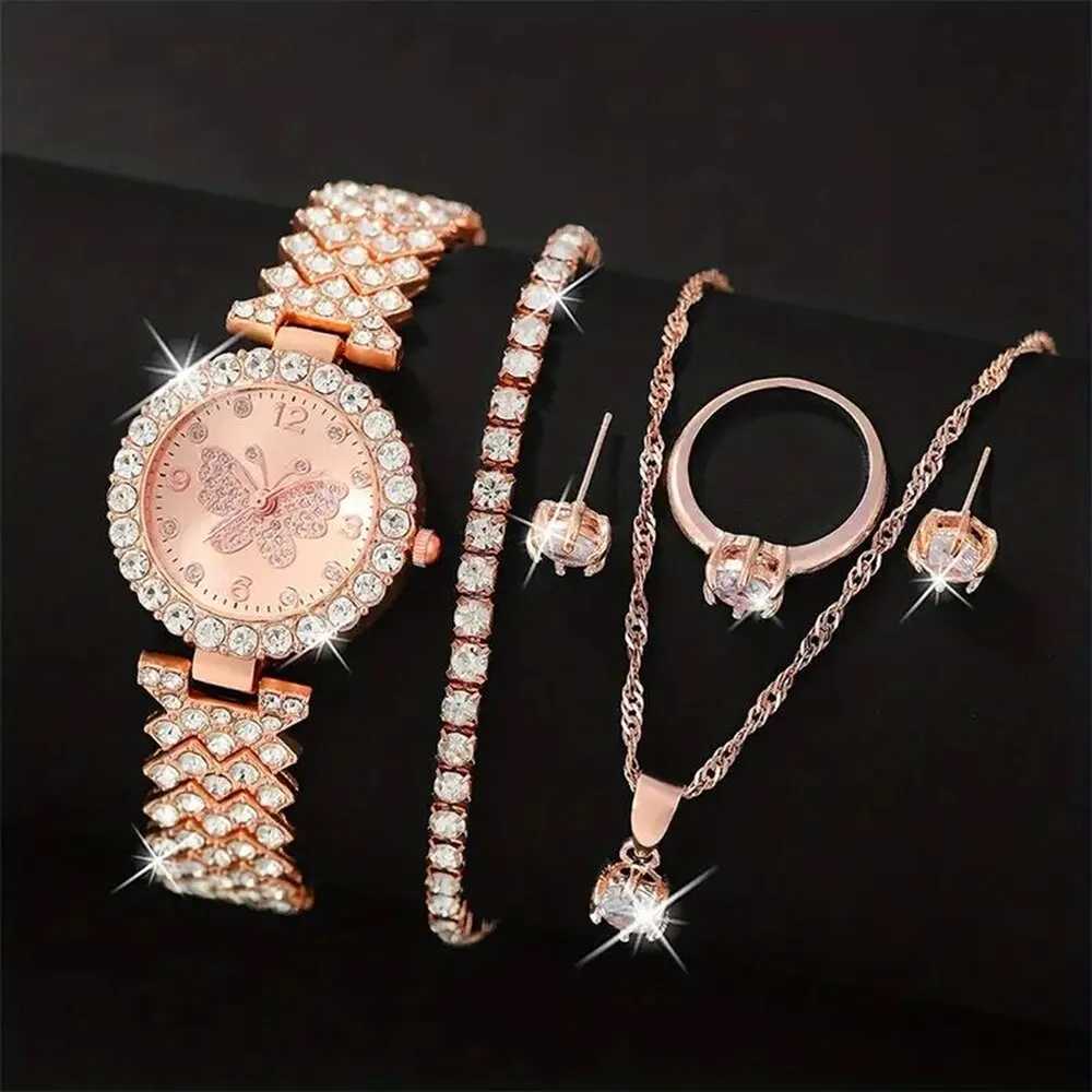 6pcs Jewelry Set Rose Gold Luxury Watch Women Ring Necklace Earring Rhinestone Fashion Wristwatch Casual Ladies WatchesX240920