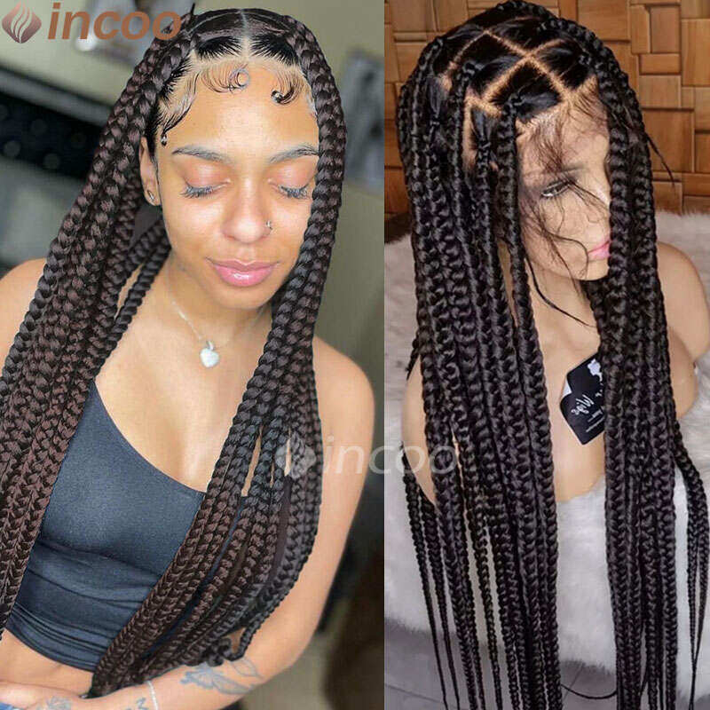Incoo 36" Large Square Knotless Box For Women Full Double Lace With Baby Hair Synthetic Braided Wigs