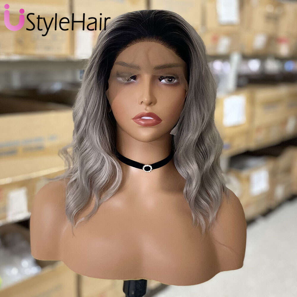Ustylehair Ombre Grey Lace Front Synthetic Hair Natural Haire Short Wave Wigs For Women Daily Use Cosplay Party Wig
