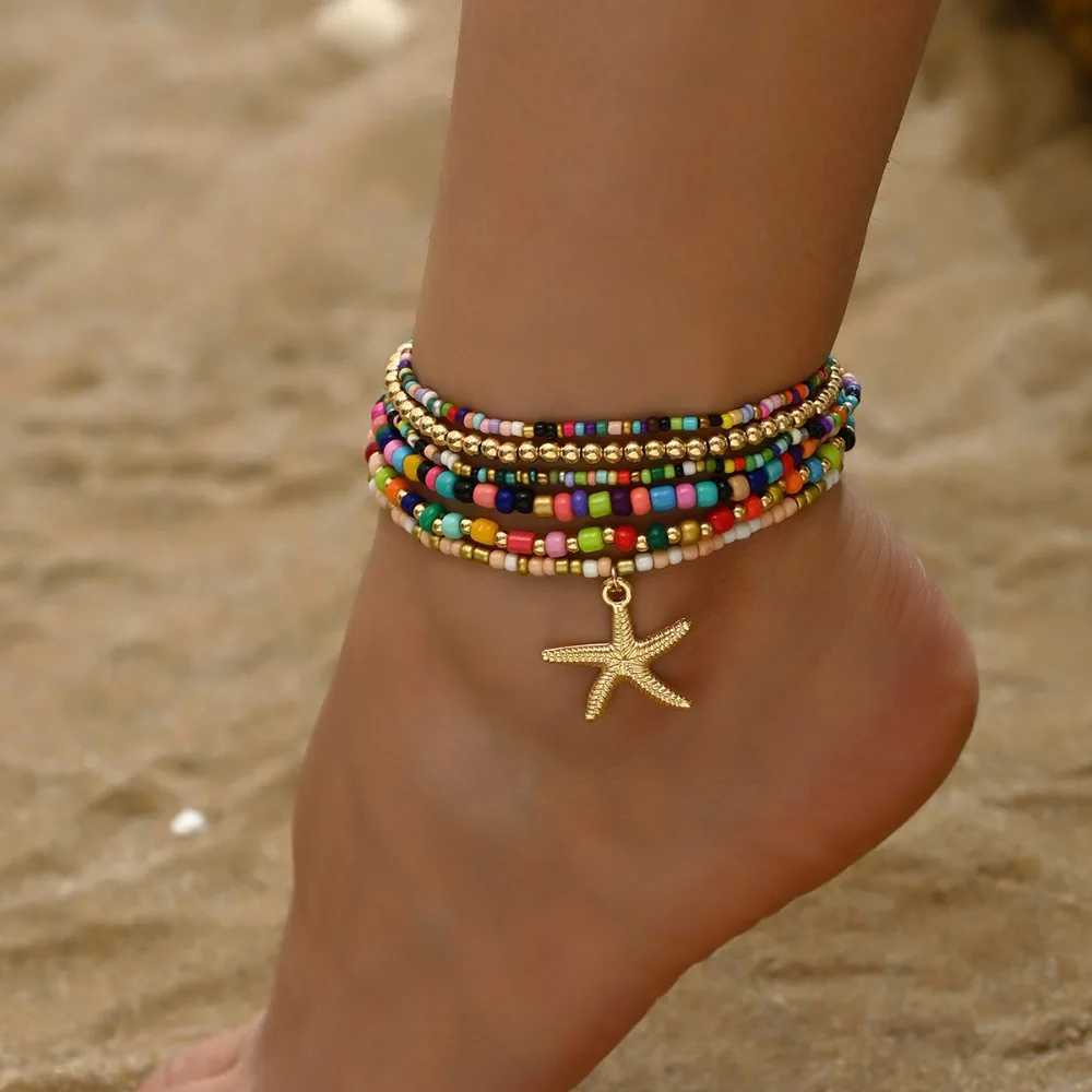 6pcs Set Summer Beach Acrylic Round Ball Beaded Starfish Anklet for Women Retro Trend Multilayer Foot Jewelry Holiday Accessory Y240920