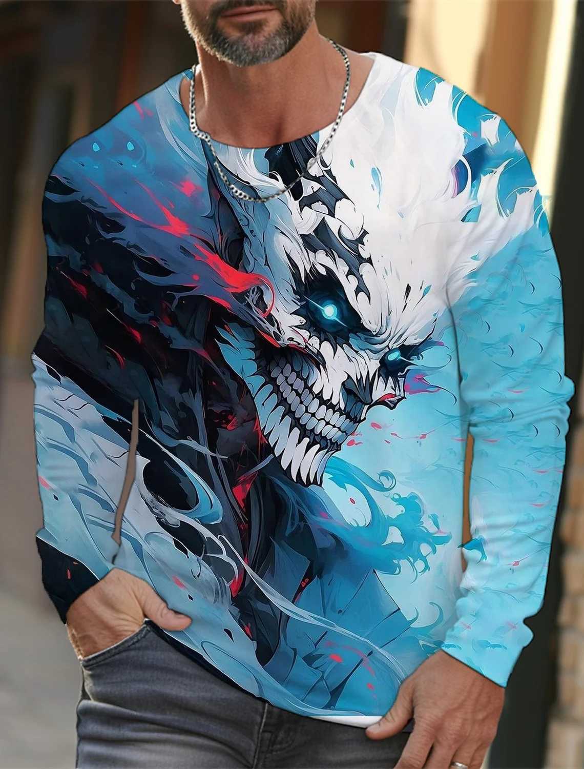 2024 new mens long-sleeved T-shirt 3D printing high-definition skull print mens autumn tops casual round neck home clothesX240919