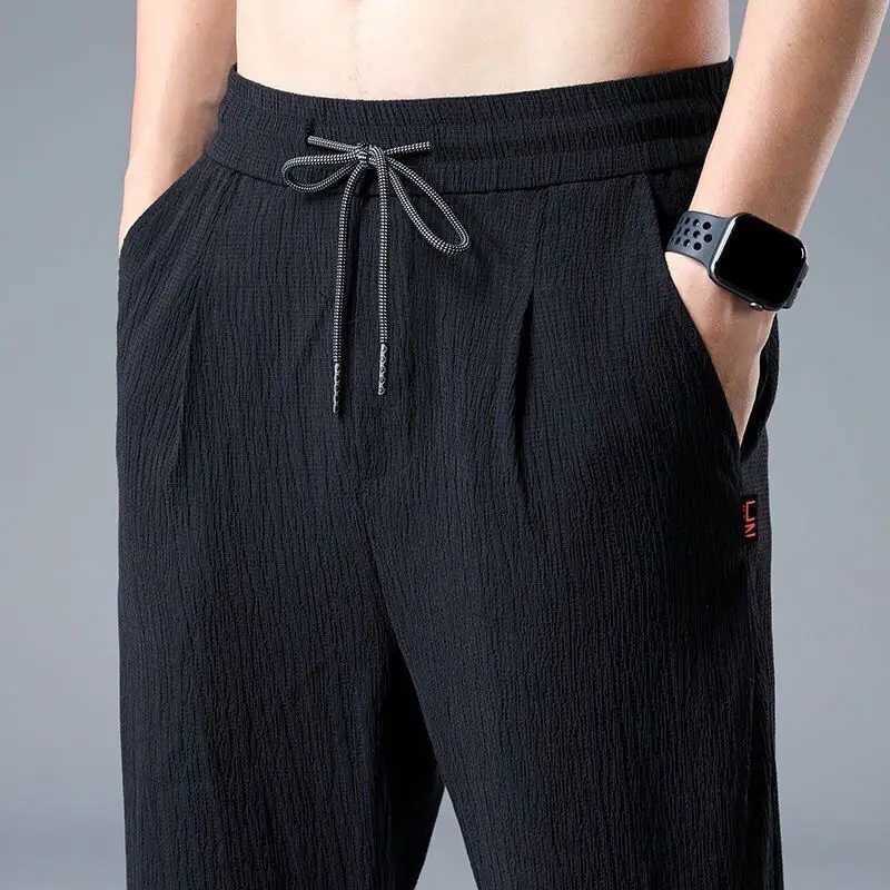 Ice Silk Linen Mens Sports Pants Casual Wide Summer Sports Pants Mens Drawstring Spring and Autumn Lightweight Halking Harem Trousers W240919