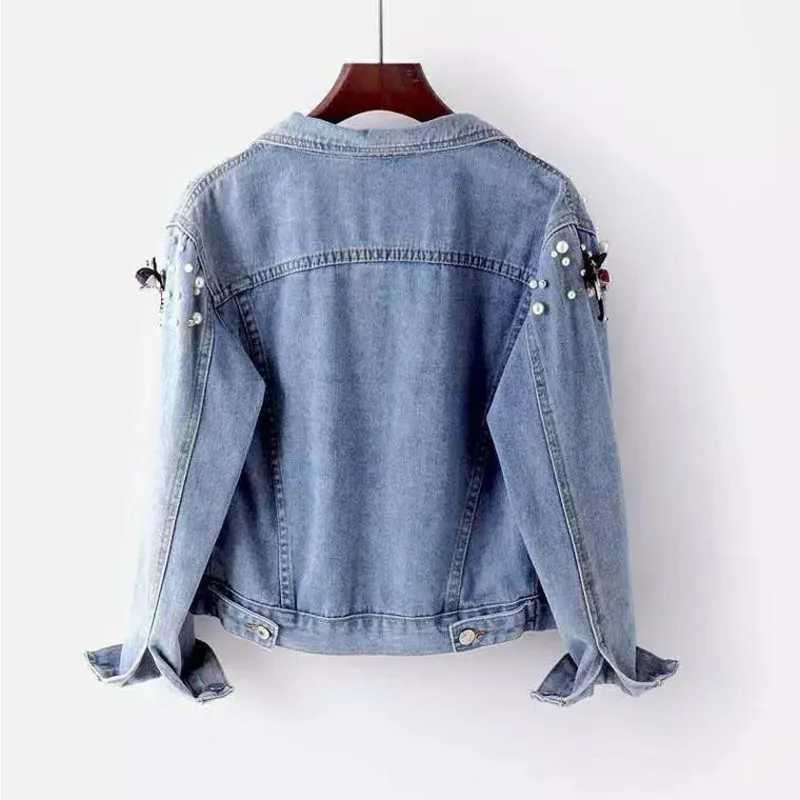 2023 Autumn Denim Jacket Coat Women Beading Loose Overcoat Jeans Jacket Basic Coats Streetwear Long Sleeve Tops Casual OuterwearX240920