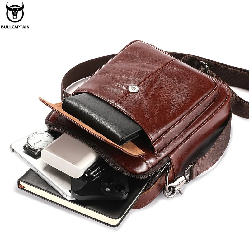 Bullcaptain Mens Leather Shoulder Bag Multi functional 79inch Tablet Computer Handbag Retro Casual Cross body Cowboy 240919