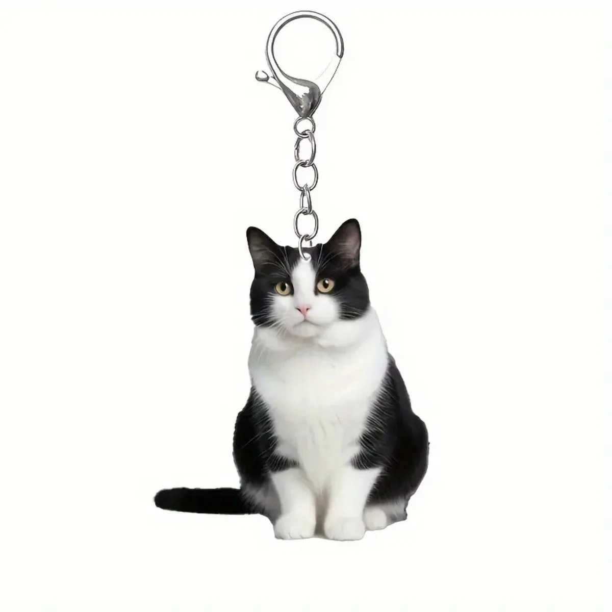 1pc Black and White Cat Keychain 2D Acrylic Cat PendantDouble-Sided Design Animal Key Ring Charm for Backpacks GiftsX240919