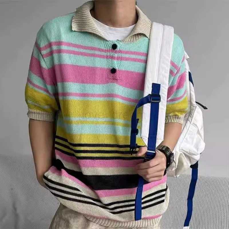 Summer Mens Clothing Light Luxury Mesh Striped Polo Shirt Korean Short Sleeve Button-down Retro Fashion Leisure Loose KnitwearXJ240920