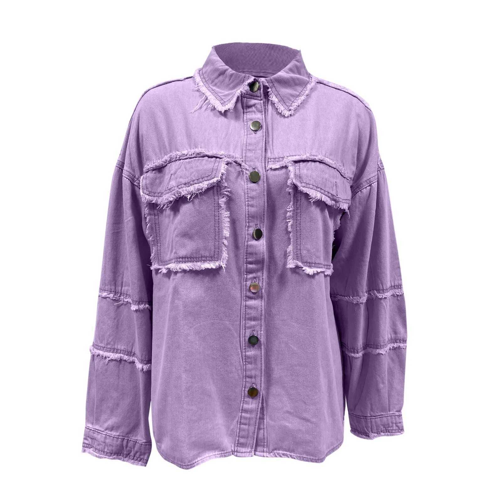 Patchwork Distressed Denim Jean Jacket WomenS Oversized Button Up Hem Shacket Long Sleeve Pockets Coats Loose Shirt CoatX240920