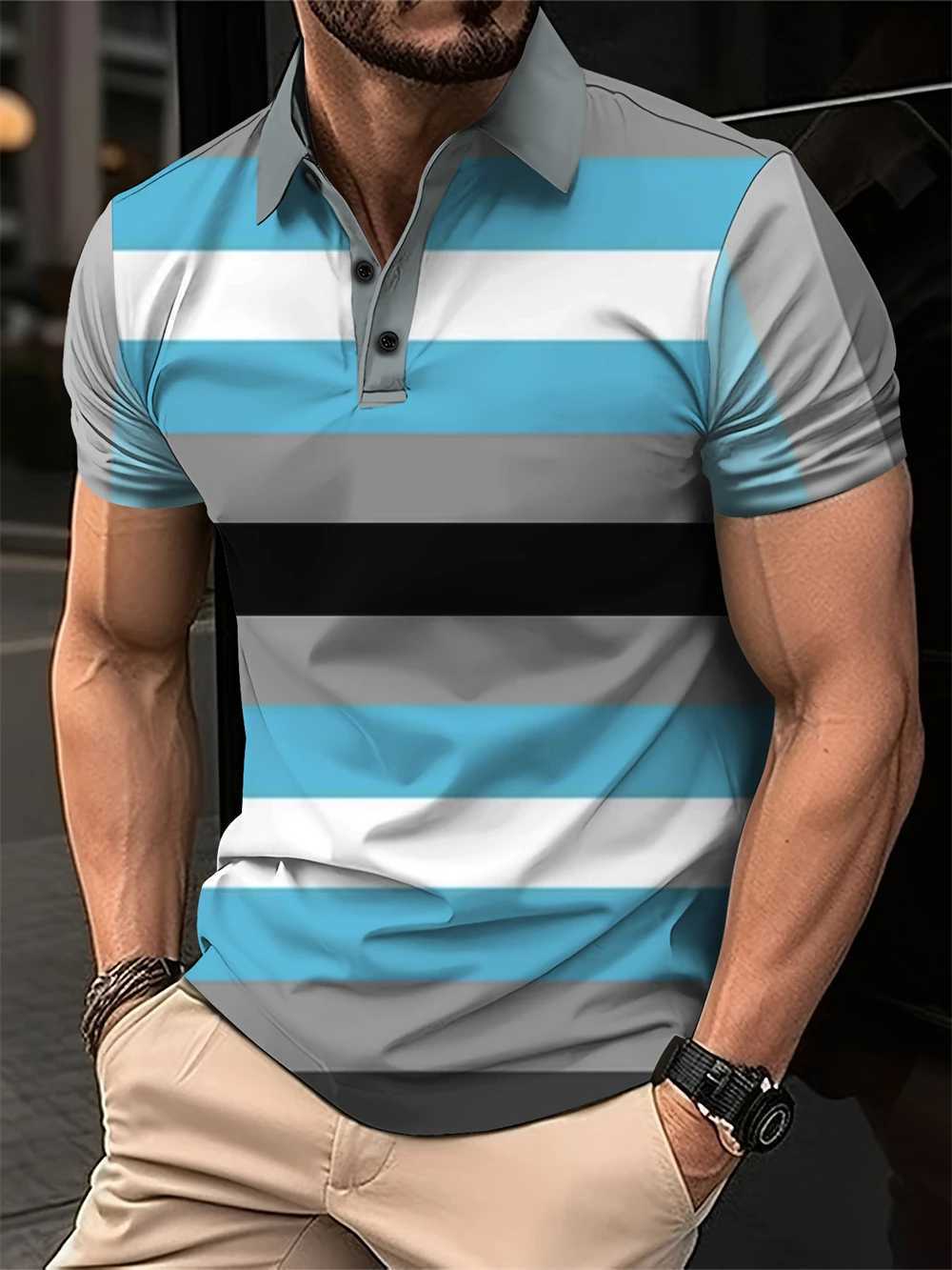 New Summer Mens Short Polo Lapel 3D Digital Printed Fashion Splice Striped Polo Shirts Mens Business Casual Tops Man ClothingX240920