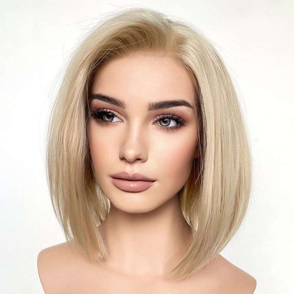 Sy Beauty Short Bob Champagne Blonde Silky Straight Front Synthetic Hair For Black Women Transparent Lace Wigs