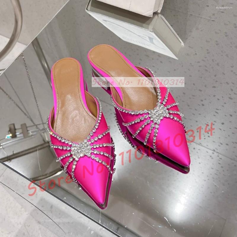 Slippers Crystal Wrap Pointy Toe Satin Women Luxury Sparkly Block Low Heel Shoes Ladies Trending Glittery Dress Flat Slides