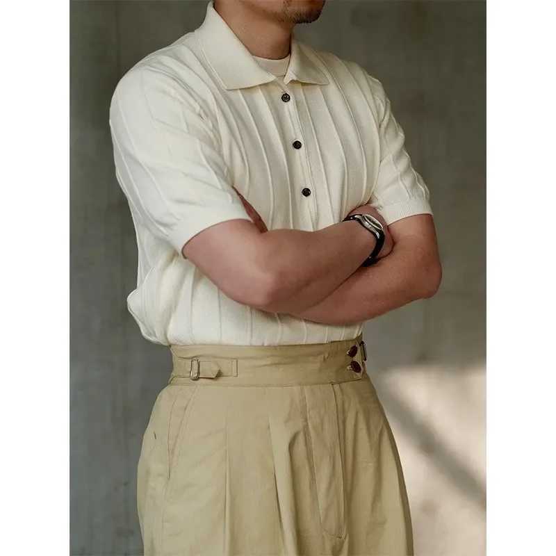 2023 Summer New Ice Silk Short Sleeve Polo Shirt Knit Mens Fashionable Striped Lapel T-shirt Men Casual StyleX240920