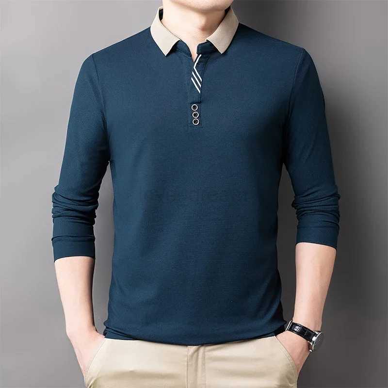 New Mens Casual Stripe Plaid Long Sleeve Polo Shirt Fashion Solid Polo TopXJ240920