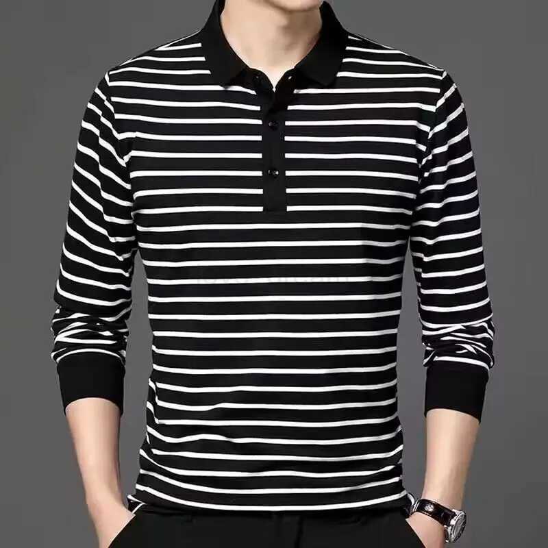 Spring and Autumn New Mens Long Sleeve T-shirt with Polo Collar Black and White Stripes Top Youth Casual Male Comfortable ShirtXJ240920