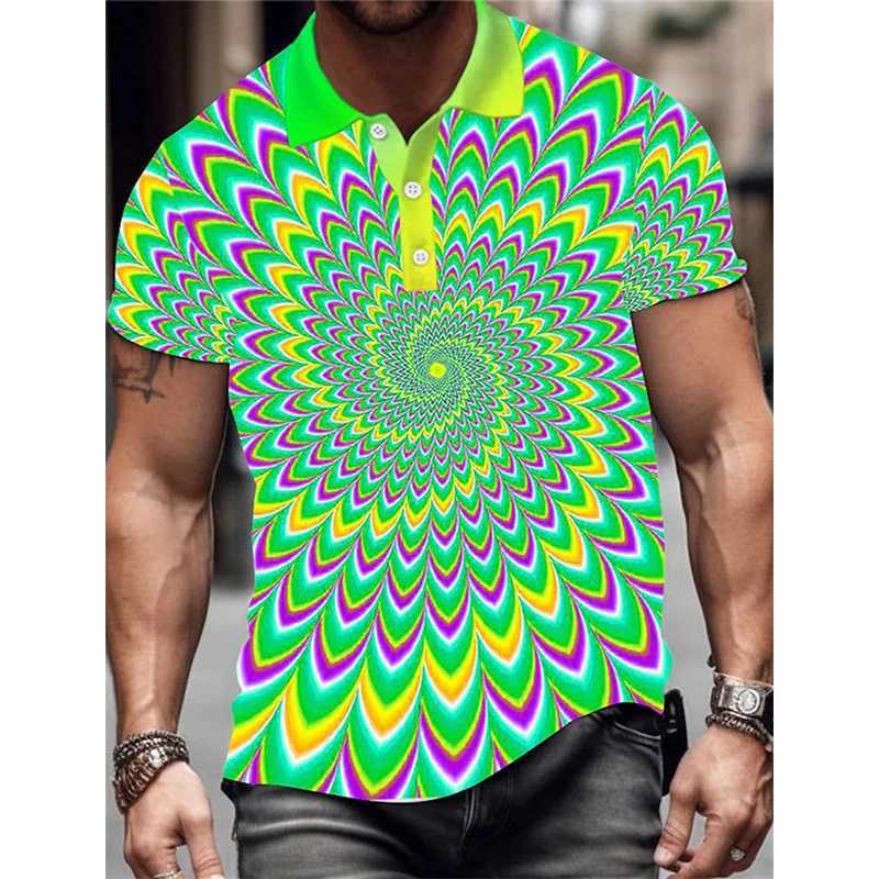 Mens Lapel Polo Shirt Full Print Optical Illusion Graphic Button Up Golf Shirt For Men Short Sleeves Plus Size Turndown TshirtX240920