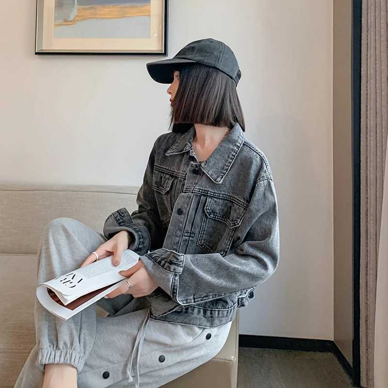 Vintage Washed Smoke Gray Short Jeans Jacket Women Lapel Single-breasted Casual Denim Cropped Outwear Autumn Clothes Female NewX240920