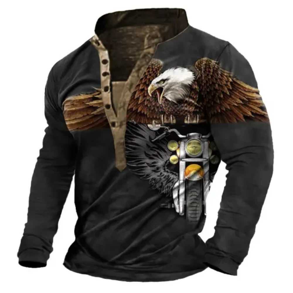 Men T-Shirt Henley Vintage Eagle Motorcycle Print Long Sleeve Daily Top Harajuku Streetwear Tee Men Seven Button Tshirt PulloverX240919
