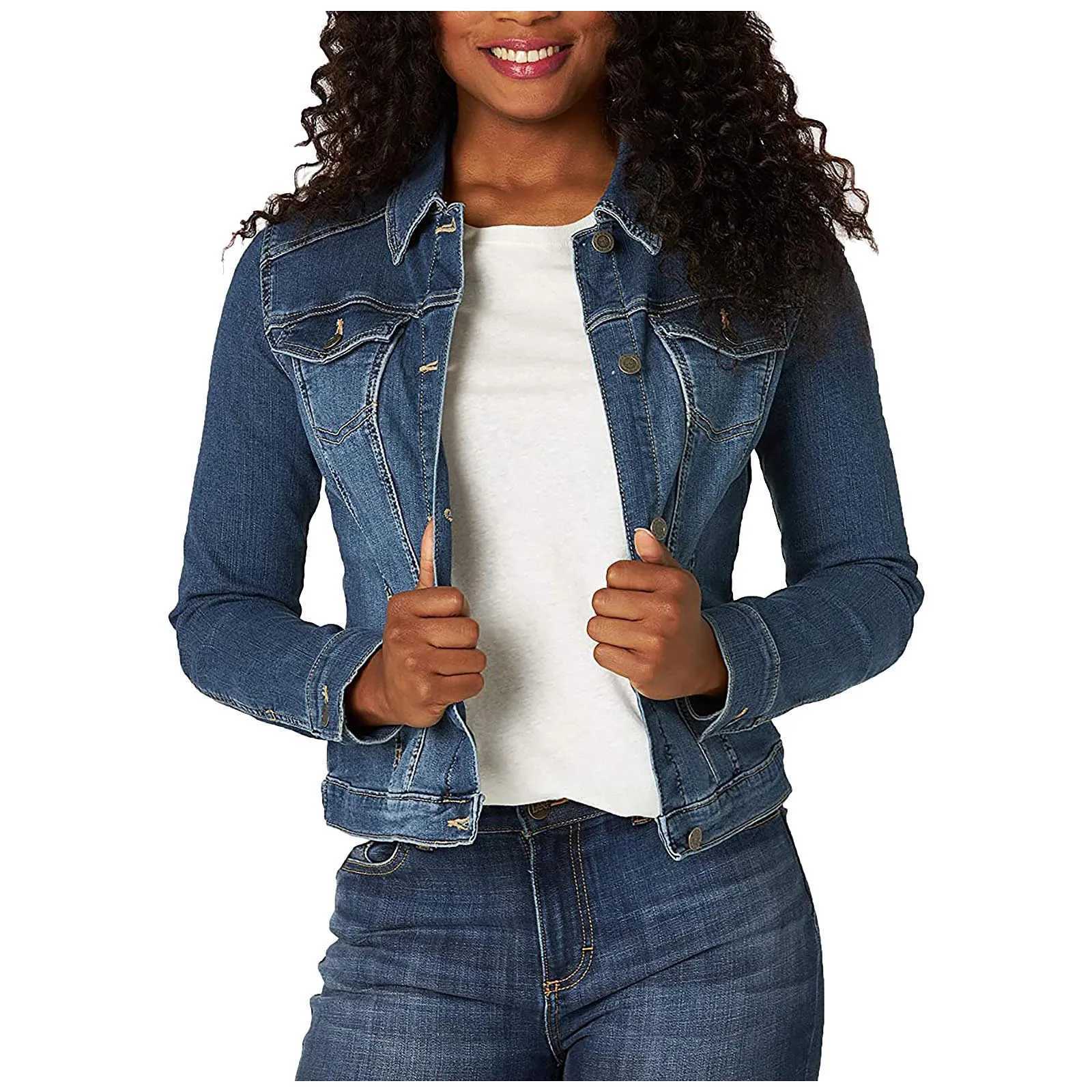 Womens Casual Denim Jacket Western Basic Lapel Button Up Long Sleeve Trucker Jean Jacket Biker Coat TopsX240920