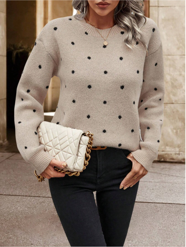 dongdumaoyi Women's sweaters, fashionable round neck long sleeved pullover sweaters, women's polka dot jacquard knitted sweaters F0920#38