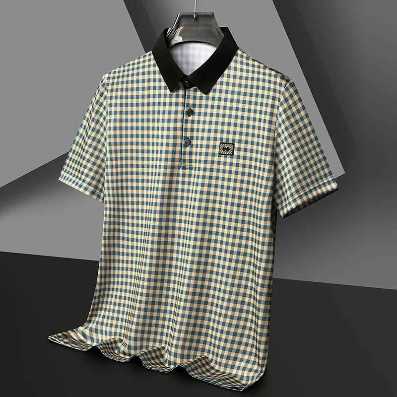 New Mens Plaid Badge Short Sleeved POLO Shirt Summer Casual TopX240920