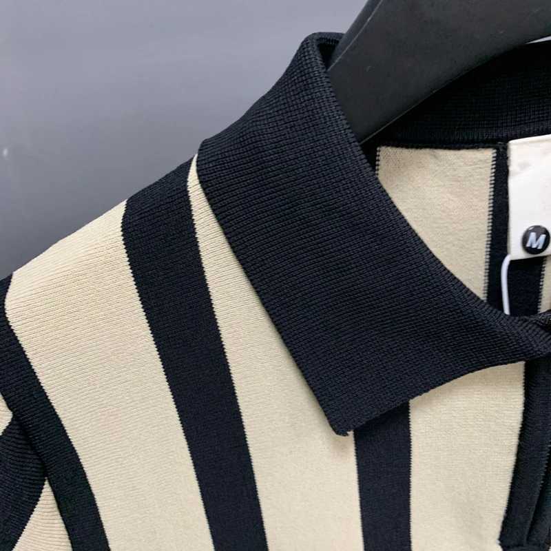 Mens Clothing Light Luxury Knit Striped Zipper Polo Shirt Business Leisure Short Sleeve Korean Popular Retro Knitwear M-3XLX240920