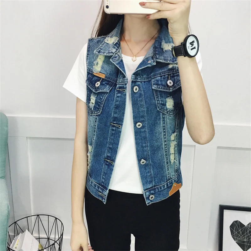 Spring Autumn Denim Vest Women Clothes 2024 New Vintage Hole Sleeveless Jean Waistcoat Short Jacket Female Outerwear 4Xl 5Xl 6Xl