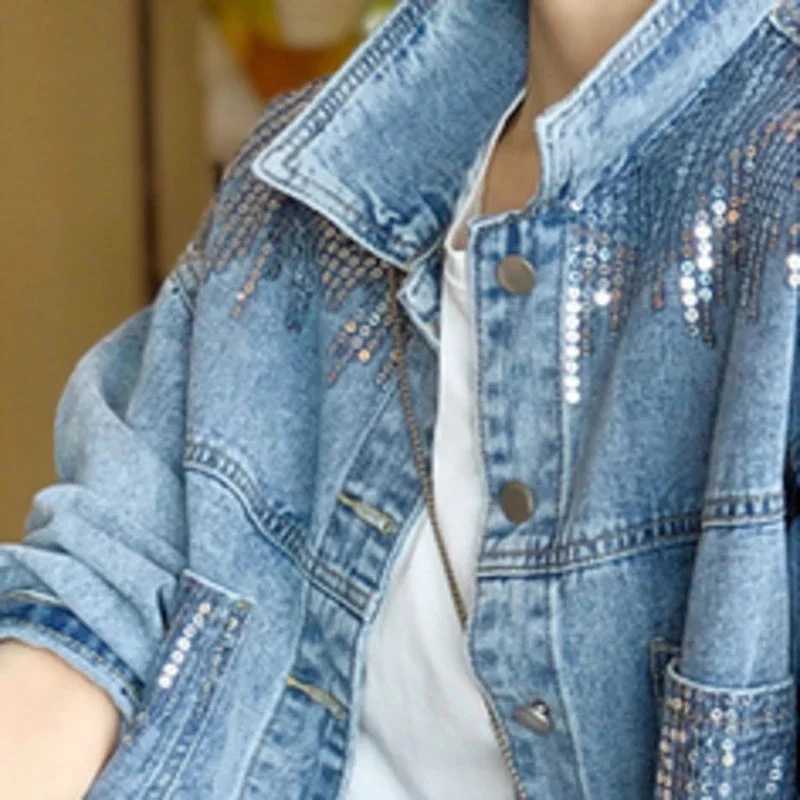Spring Autumn new women sequin short denim jacket fashion pocket Cowboy Outwear loose Long sleeve jeans coat female tide R341X240920