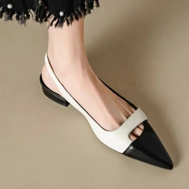 2024 Summer Fashion Pointed Leather Color Block Light Mouth Womens Comfortable Sandals 240919