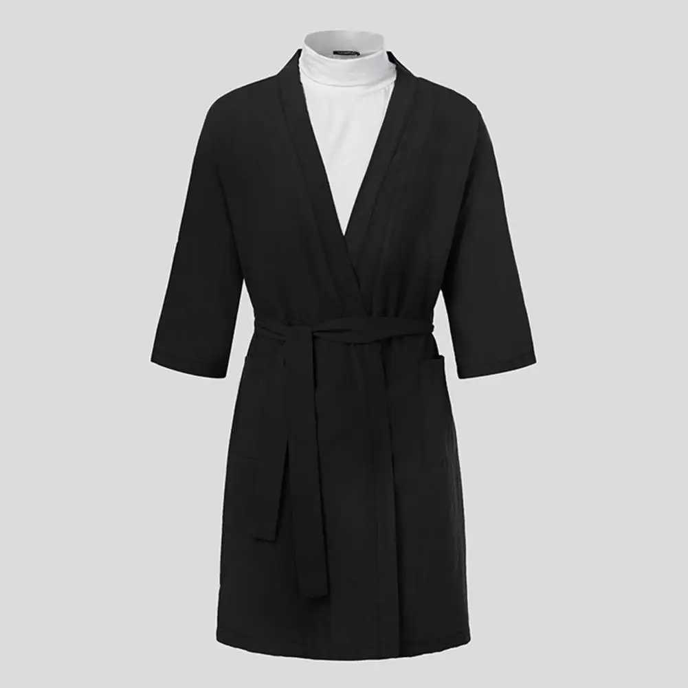 Men Nightgown Men Bath Robe Soft Water Absorption Lace Up Cardigan Sleepwear Three Quarter Sleeves Loose Men Bathrobe Nightgown Y240919